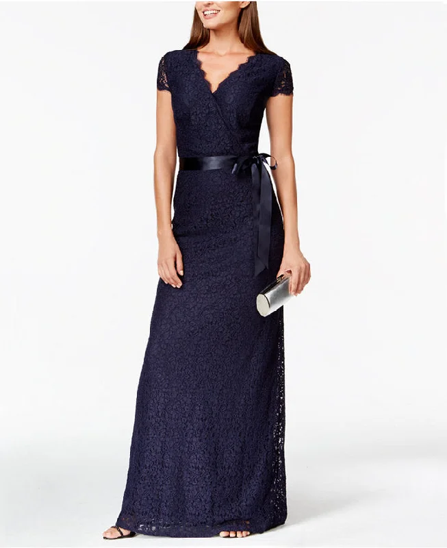 12 - adrianna papell navy lace scalloped gown Flowy Lace Dress