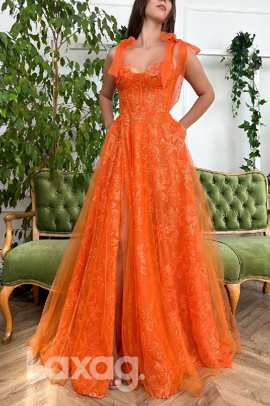 16729 - Orange Lace Bone Bodice Thigh Slit A-line Formal Dress Lace Detail Dress