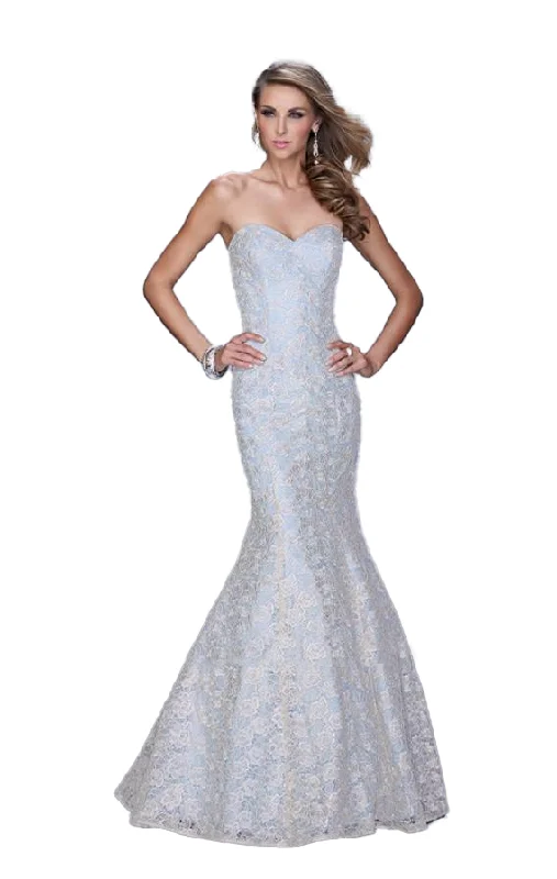 2 - la femme blue mermaid gown with champagne lace overlay Lace Gown Style