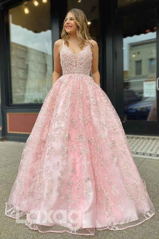 15791 - Spaghetti Straps Pink Beaded Lace Long Prom Dress with Pockets Lace Cocktail Gown