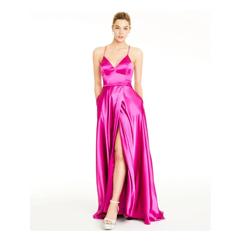 3 - blondie nites fuchsia satin lace up gown Lace Dress Classic