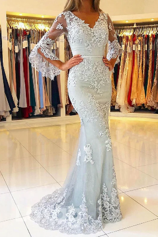 14784 - V-Neck Lace Long Mermaid Gown With Long Bell Sleeves Lace Dress Trend