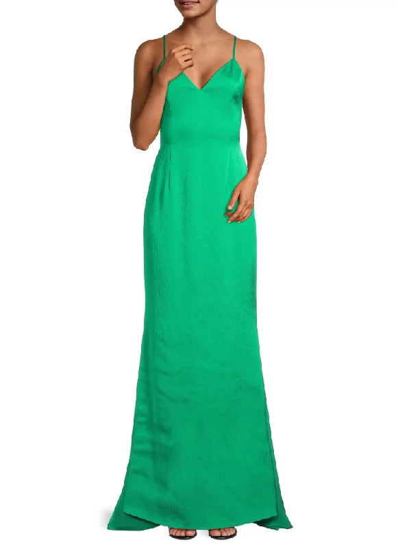 8 - liv foster green textured satin lace up gown Ruffled Lace Gown