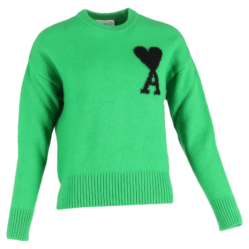 Ami De Coeur Knitted Crewneck Sweater in Green Wool Cashmere sweaters