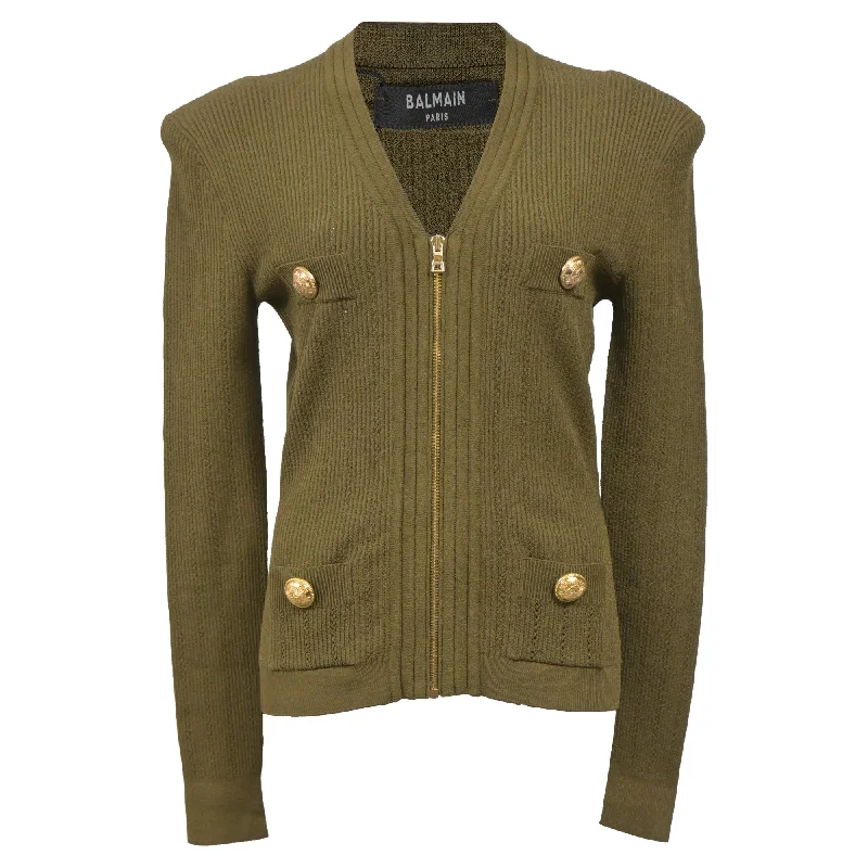 Balmain Zip Cardigan in Olive Green Wool Layering sweaters