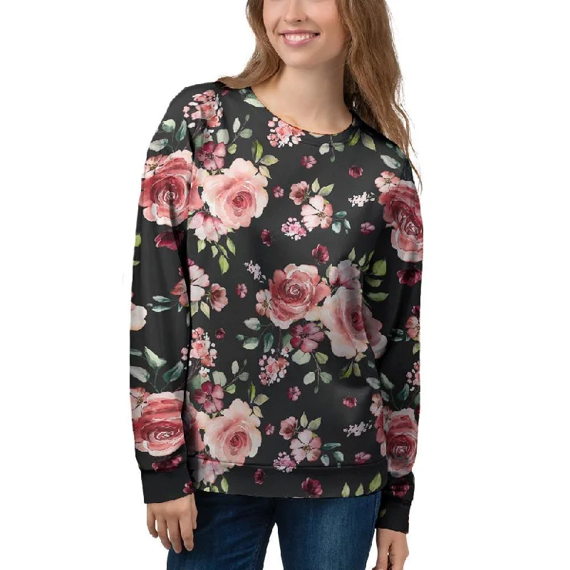 Black Pink Rose Flower Print Women's Sweatshirt Softest cashmere sweaters