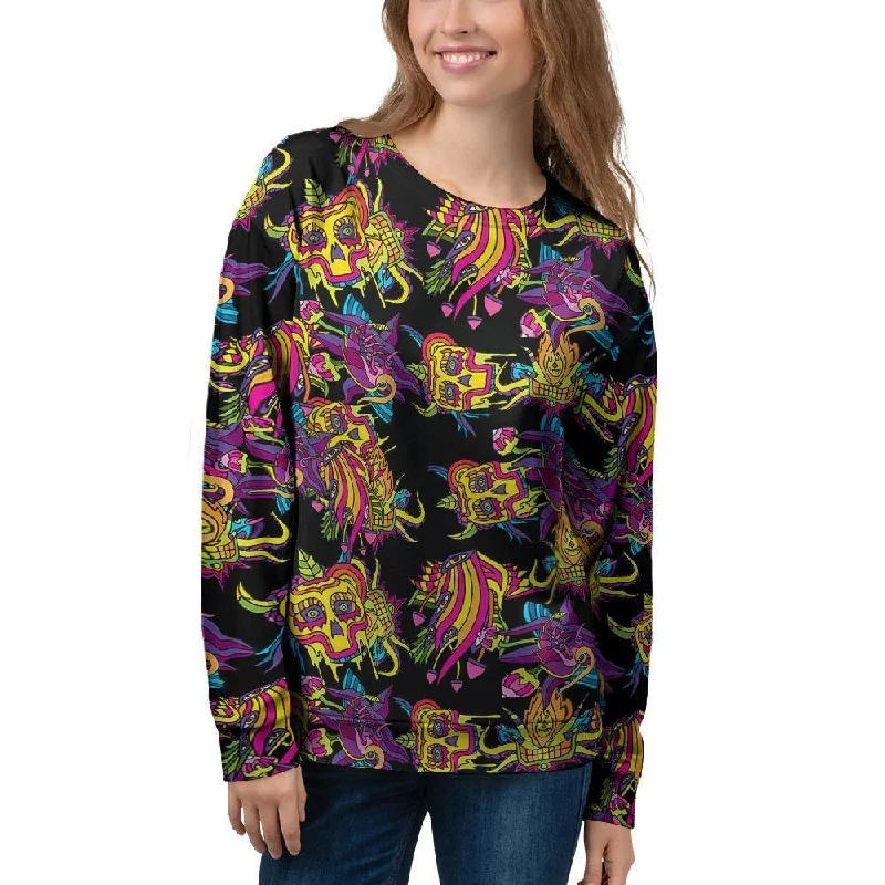 Black Skull Trippy Psychedelic Women's Sweatshirt Best sweaters for layering