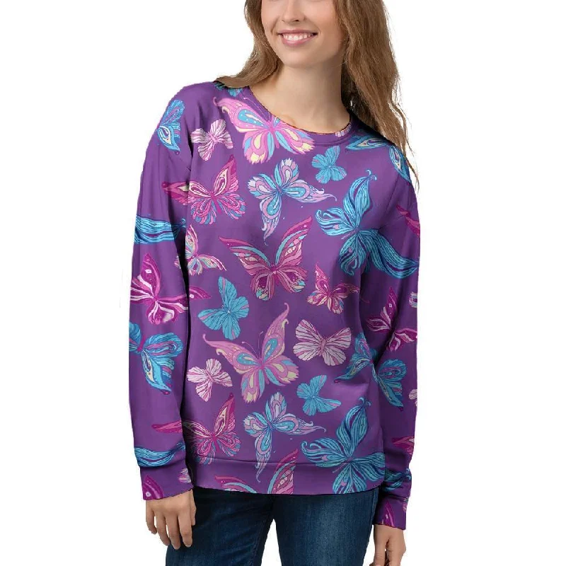 Blue And Pink Butterfly Print Women's Sweatshirt Streetwear sweaters