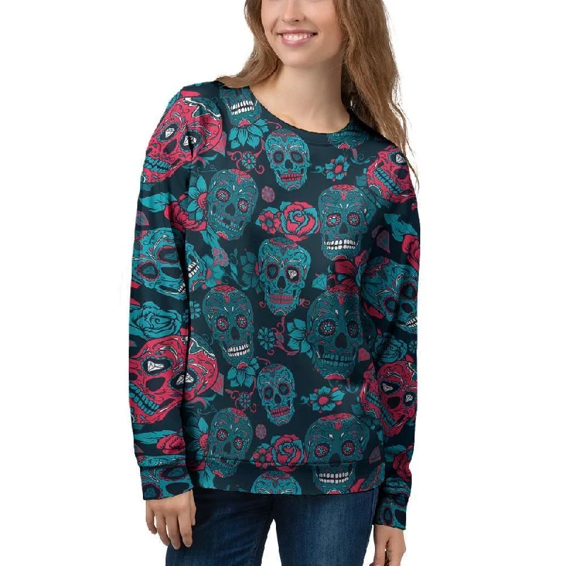 Blue And Red Floral Sugar Skull Women's Sweatshirt Alpaca wool sweaters