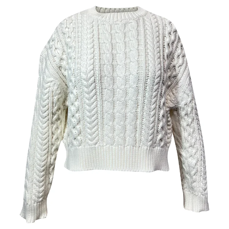 Nili Lotan Rory Cable-Knitted Crewneck Sweater in White Cotton High-end sweaters