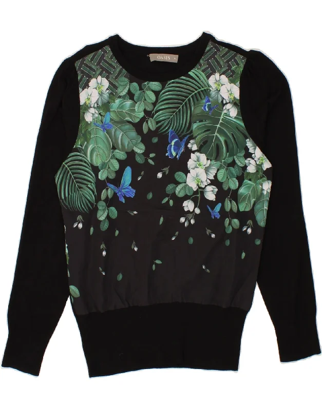 OASIS Womens Boat Neck Jumper Sweater UK 14 Medium Black Floral Viscose Nike sweaters