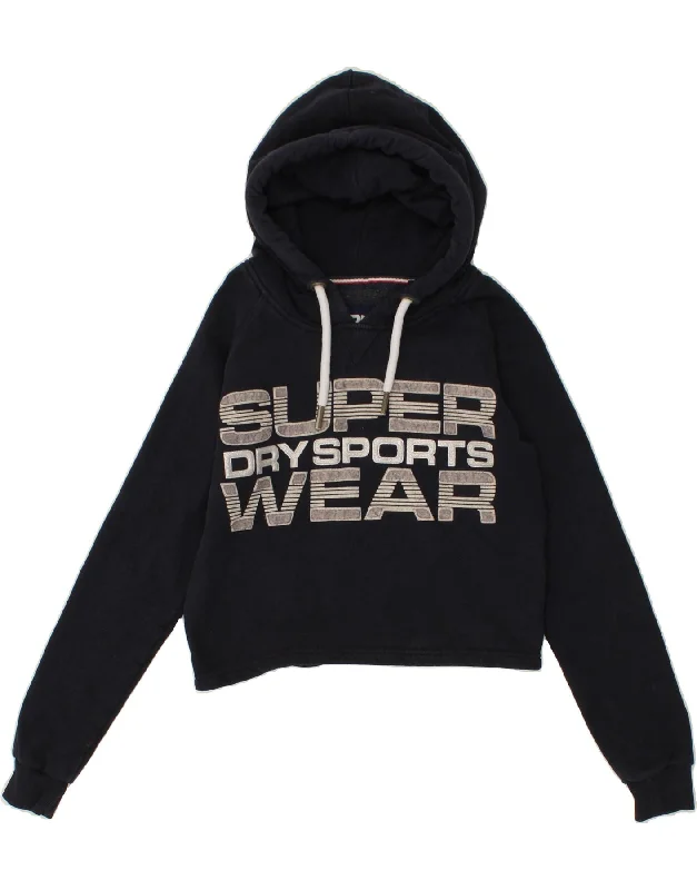 SUPERDRY Womens Crop Graphic Hoodie Jumper UK 12 Medium  Navy Blue Cotton Zara sweaters