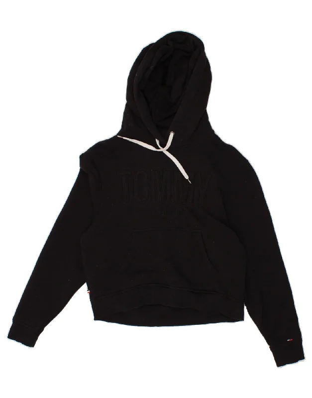 TOMMY HILFIGER Womens Crop Graphic Hoodie Jumper UK 6 XS Black Cotton Travel-friendly sweaters