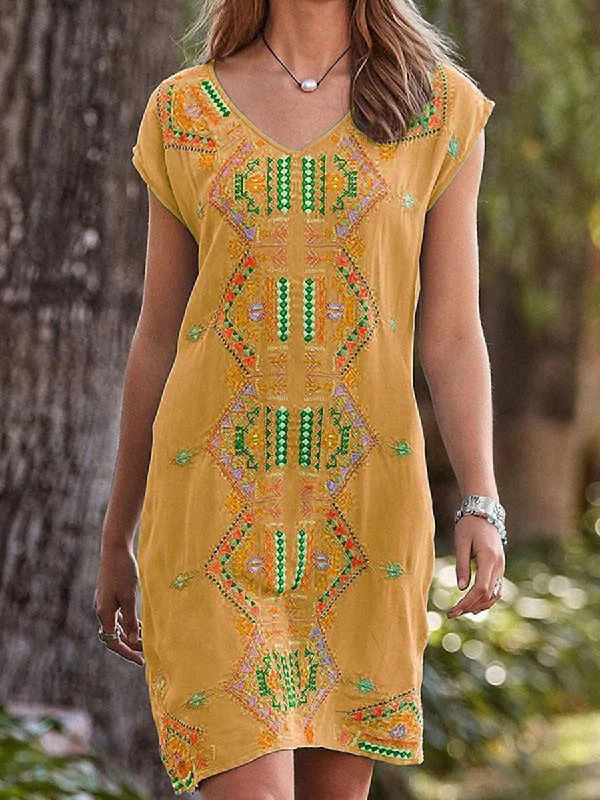 Boho Geometric Short Sleeves Mini Dress A-line mini dresses