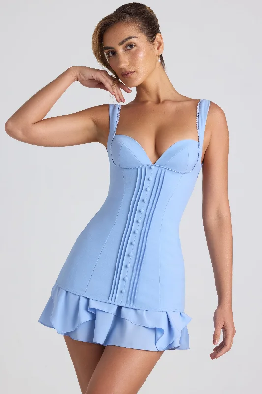 Ruffle-Trim Button-Detail Corset Mini Dress in Sky Blue Trendy mini dresses under $50