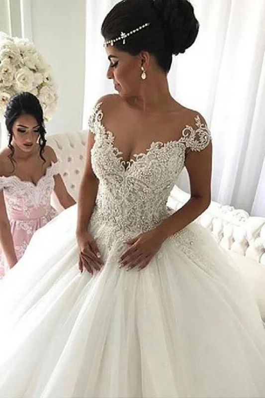 Fantastic Wedding Dresses Scoop Neck Ball Gown Tulle With Appliques Floor Length Elegant Lace Gown