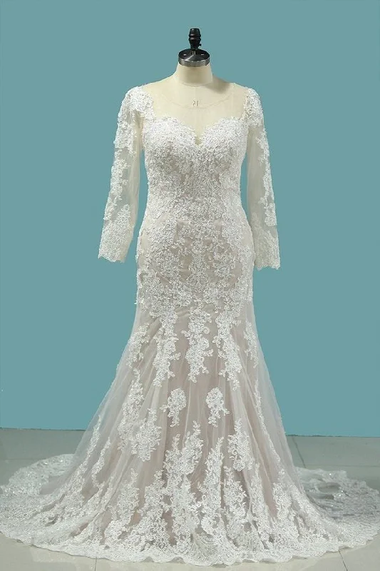 2024 Bateau Wedding Dresses Mermaid Long Sleeve Tulle With Applique PMEK38XJ Vintage Lace Dress