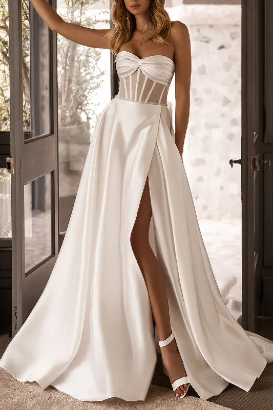 A line Sweetheart High Split Satin Wedding Dress with Pockets QW0833 Lace Sleeveless Dress