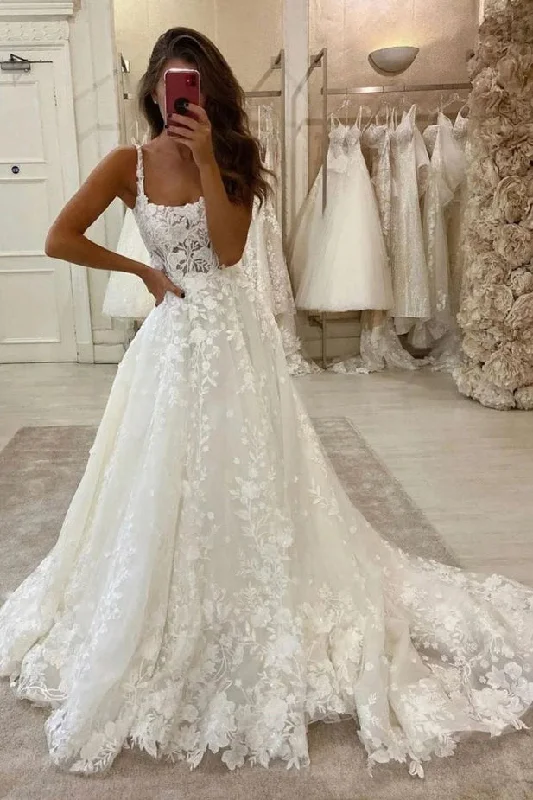 Charming A Line Scoop Neck Tulle Wedding Dresses with Appliques Sexy Wedding Dress