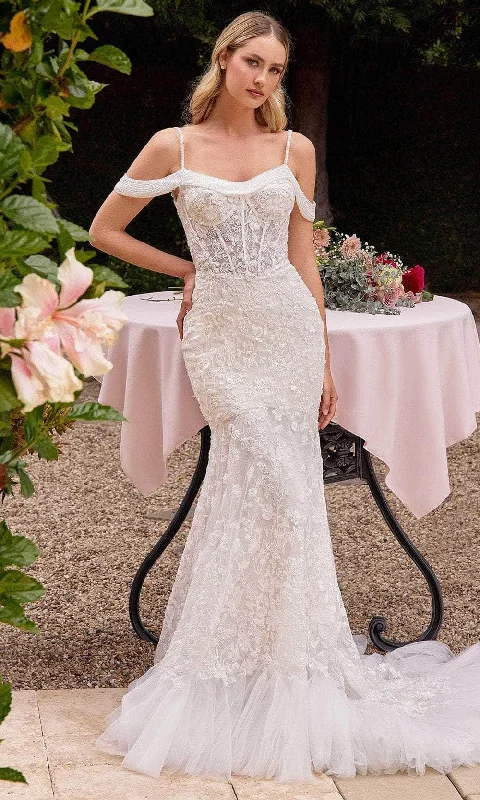 Cinderella Divine CK703W - Embroidered Spaghetti Straps Bridal Gown Classic Bridal Dress