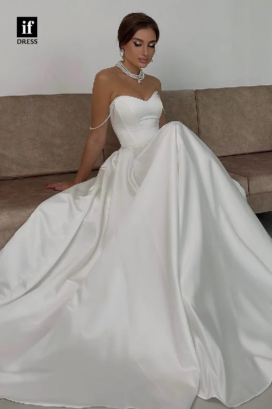 30582 - Illusion V-Neck Off-Shoulder Satin Bohemian Wedding Dress Ball Gown Wedding