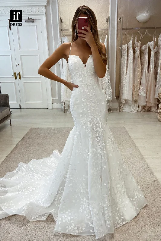 30584 - Illusion Trumpet V-Neck Lace Split Wedding Dress Romantic Wedding Dress