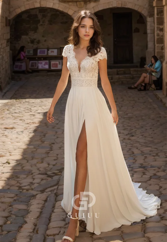 A-Line V-Neck Lace Appliques Ruched Wedding Dress with Side Slit and Sleeves Wedding Dress Style