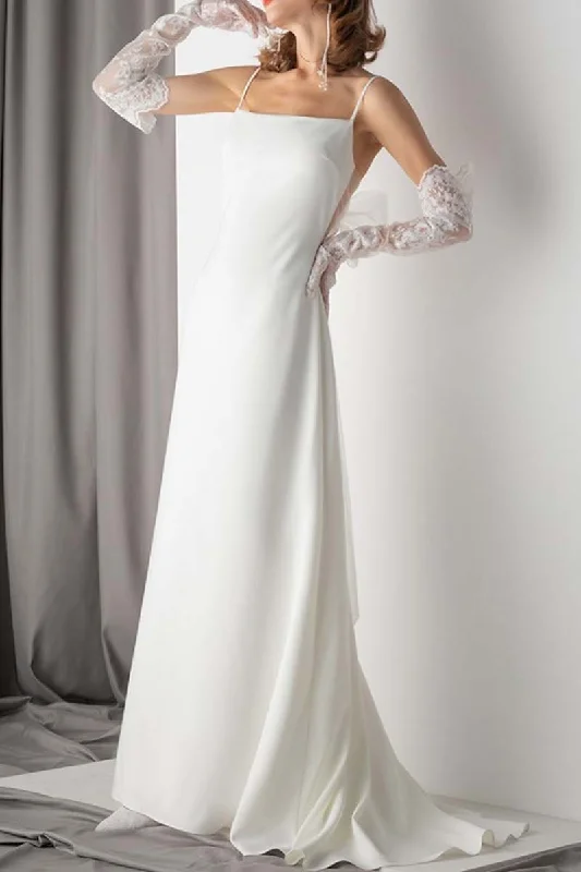 K1342 - Simple Square Neck Spaghetti Straps Satin Sheath Long Wedding Dress Short Wedding Gown