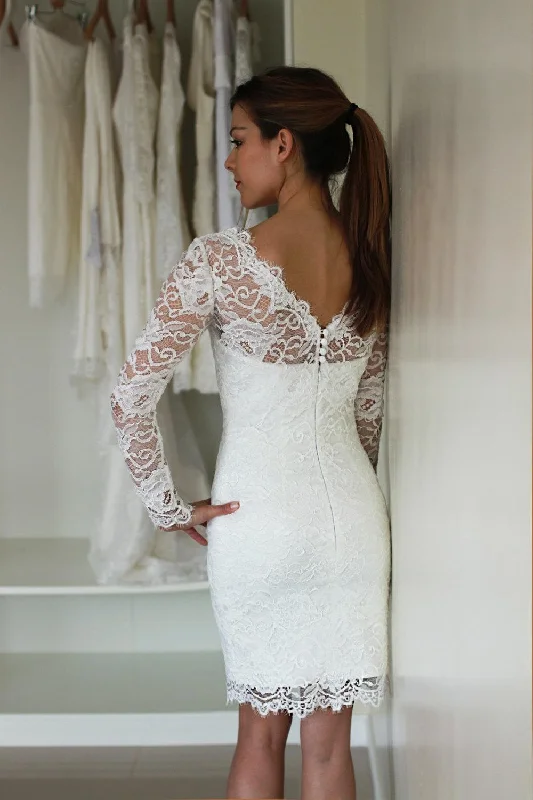 Illusion Neckline Long Sleeve Short Lace Wedding Dress With V Back-ET_711608 Romantic Lace Dress