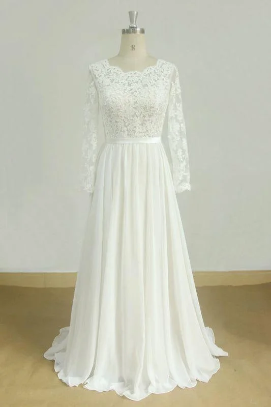 Bridelily Long Sleeve A-line Lace Chiffon Wedding Dress Illusion Neckline Gown