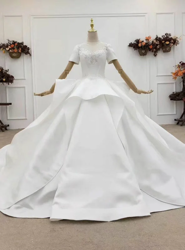 Low Price Guarantee White Ball Gown Satin Short Sleeve Beading Backless Wedding Dress Off-shoulder Bridal Dress