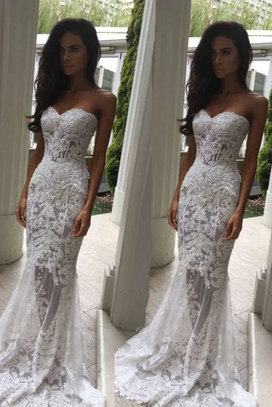 Mermaid Sweetheart Long Lace Strapless Sweep Train Wedding Dress Satin Lace Gown