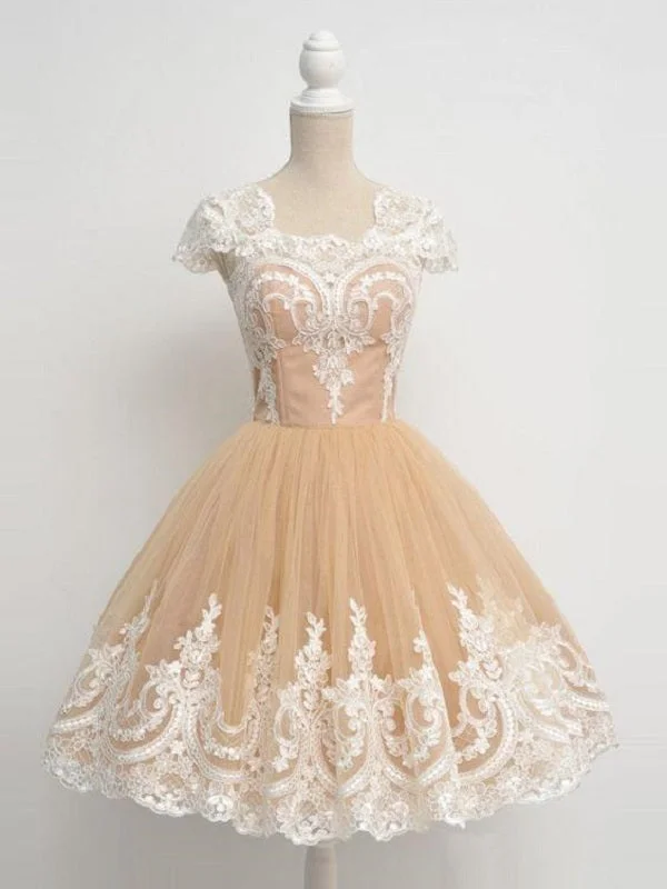 Champagne  Vintage 50s Short Prom Dress with White Lace Appliques Sexy Lace Gown