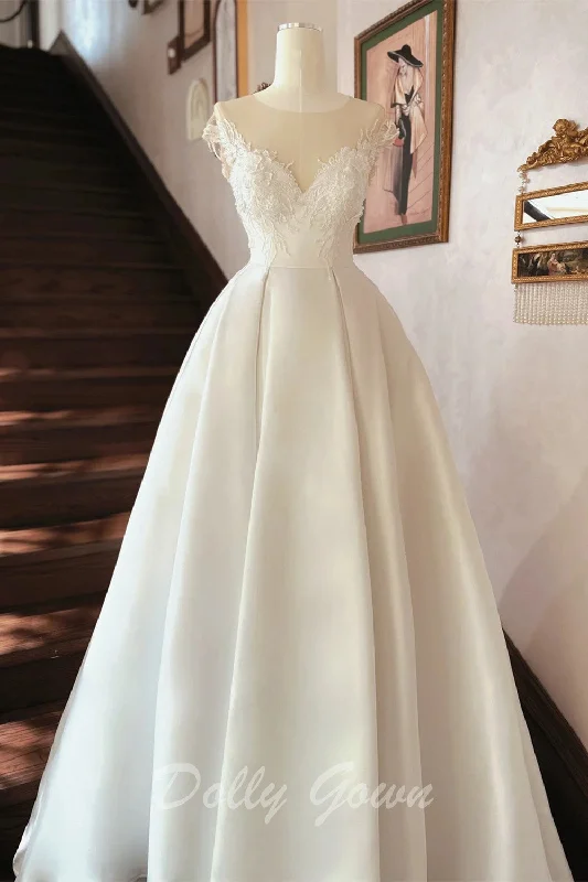 Open Back Illusion Neck Satin Bridal Wedding Dress Luxury Lace Gown