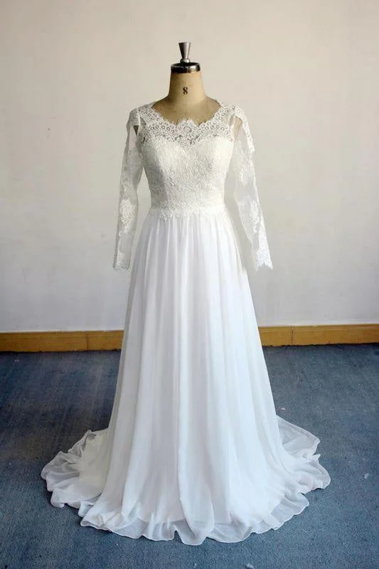 Bridelily Open Back Long Sleeve Lace Chiffon Wedding Dress Simple Wedding Dress