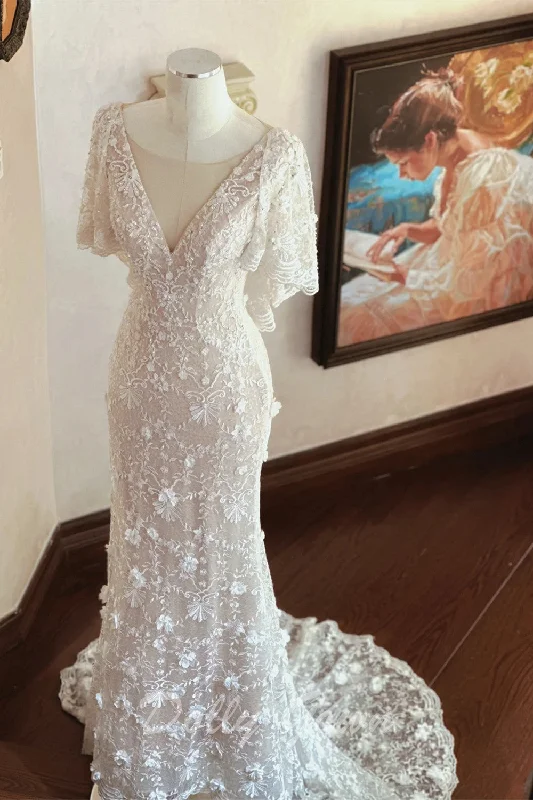 Ruffle Cap Sleeves Mermaid Lace Wedding Dress Classic Lace Gown