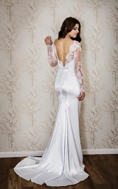 Sexy Bateau Neck Long Sleeve Mermaid Satin Wedding Dress With Lace-ET_711344 Glamorous Wedding Dress