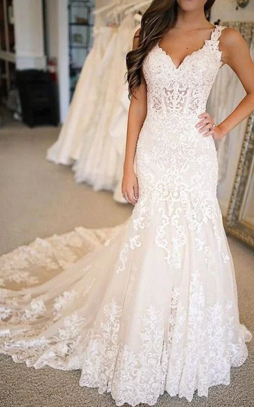 Sexy Floral Mermaid Boho Lace Wedding Dress Elegant Romantic Beach V-Neck Bridal Gown with Appliques Off-shoulder Gown