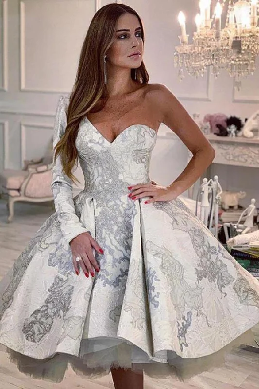 Short A-Line One-Shoulder Floral Pattern Wedding Dress with Sleeves Strapless Wedding Gown