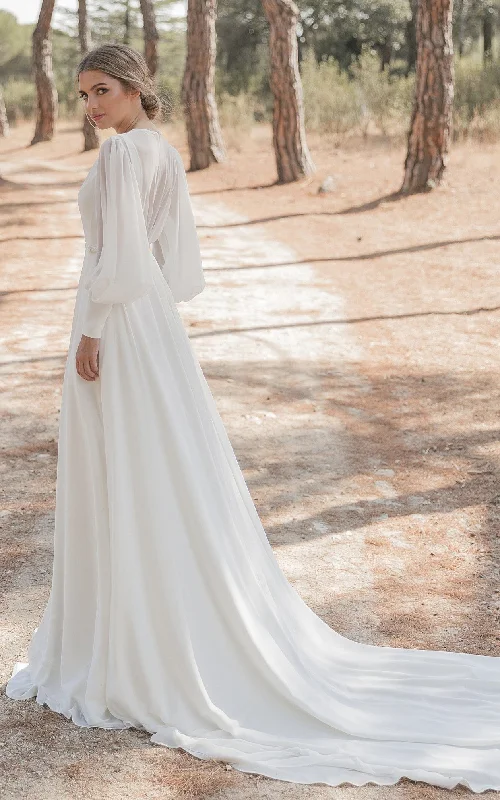 Simple A Line High Neck Chiffon Chapel Train Wedding Dress with Ruching-716088 Silk Wedding Gown