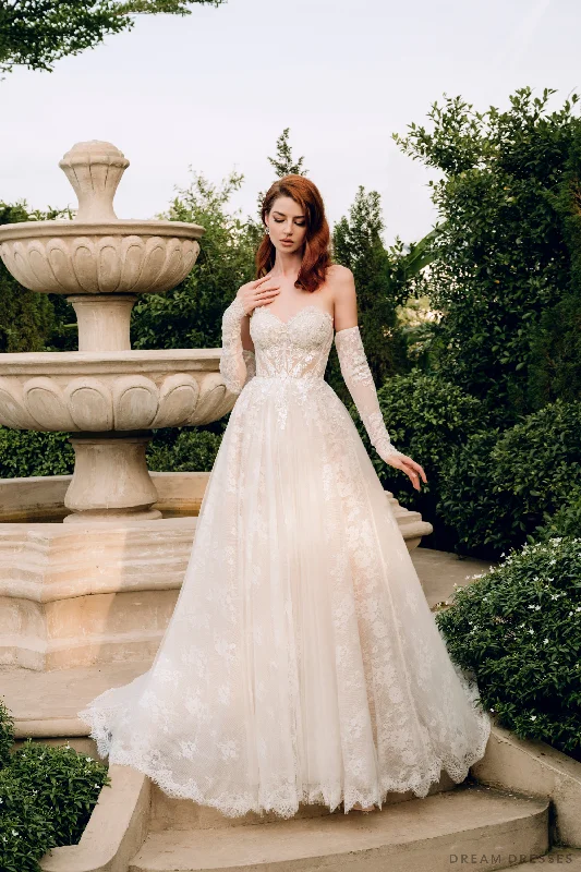 Strapless Lace Ball Gown with Detachable Sleeves (#DANIELA) Full Length Gown