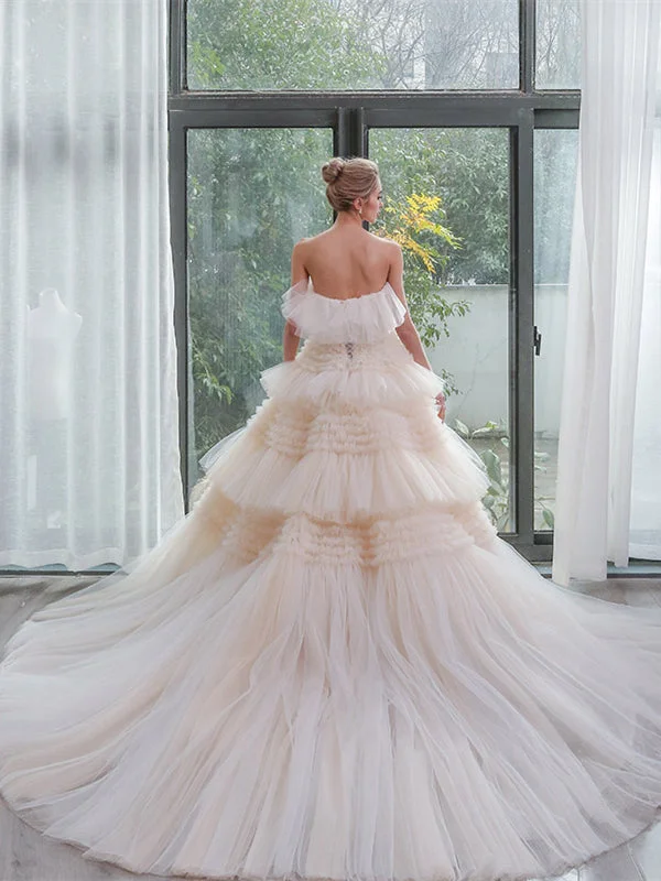 Strapless Layers of Tulle Puffy Wedding Dresses, Flowy A-line Wedding Dresses, Newest Wedding Dresses, 2021 Wedding Dresses Modern Bridal Gown