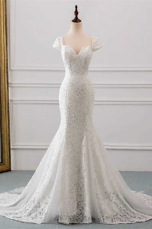 Sweetheart Lace Long Mermaid Wedding Dress with Cap Sleeves Strapless Bridal Dress