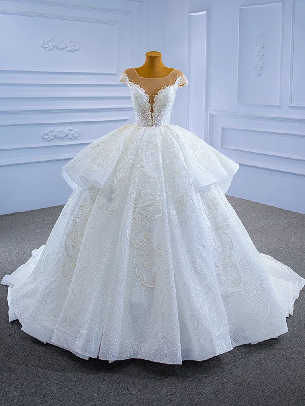 White Lace Sequins Cap Sleeve Pearls Wedding Dress Sparkling Wedding Dress