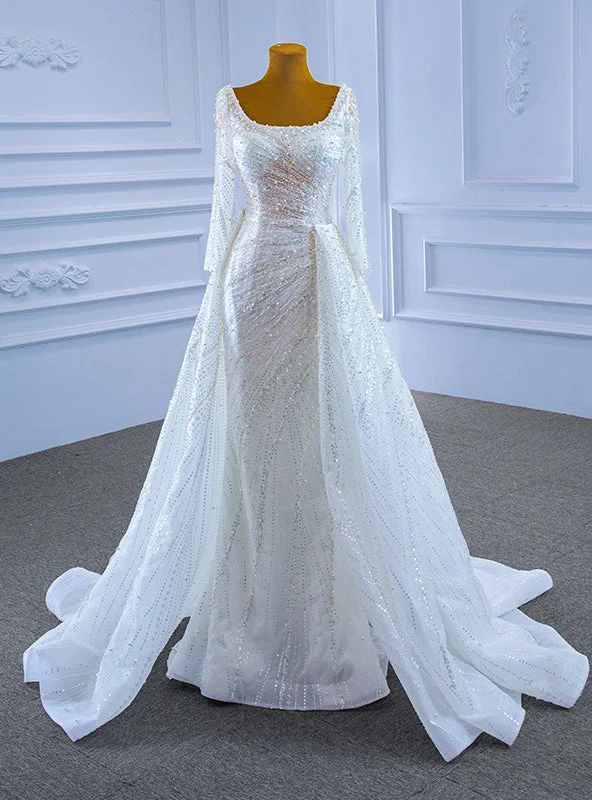 White Mermaid Sequins Square Long Sleeve Pearls Wedding Dress Full Skirt Wedding