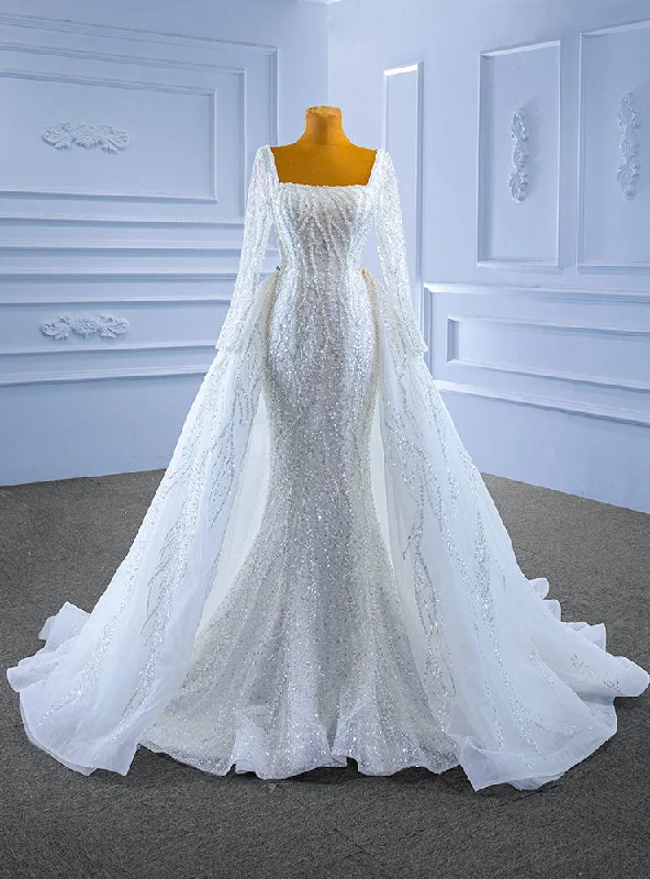 White Mermaid Sequins Square Neck Wedding Dress With Detachable Train Lace Wedding Dress