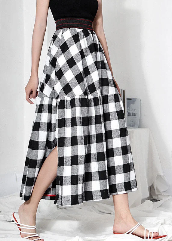 Black White Plaid Patchwork High Waist A Line Summer Skirts Cotton Office unclassified skirts