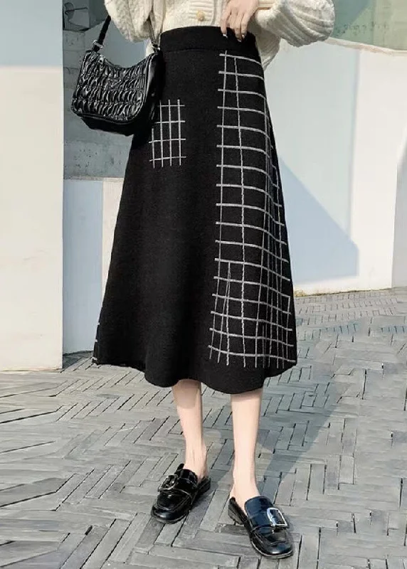 Boutique Black Plaid Knit a line skirts Winter Floral unclassified skirts