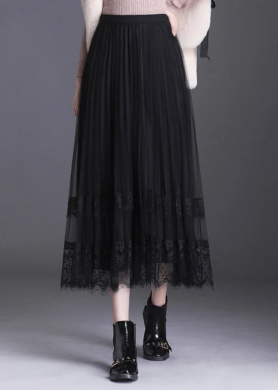 French Black Lace Patchwork Pleated Wear on both sides Fall Skirt Soft fabric unclassified skirts