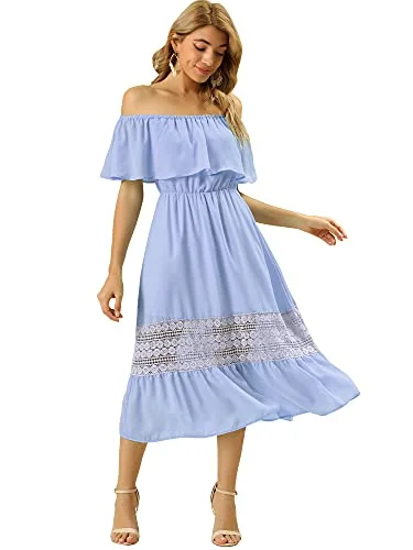 Allegra K Women's Off Shoulder Ruffle Lace Insert High Waist Short Sleeve Flowy Midi Dress Spring midi dresses